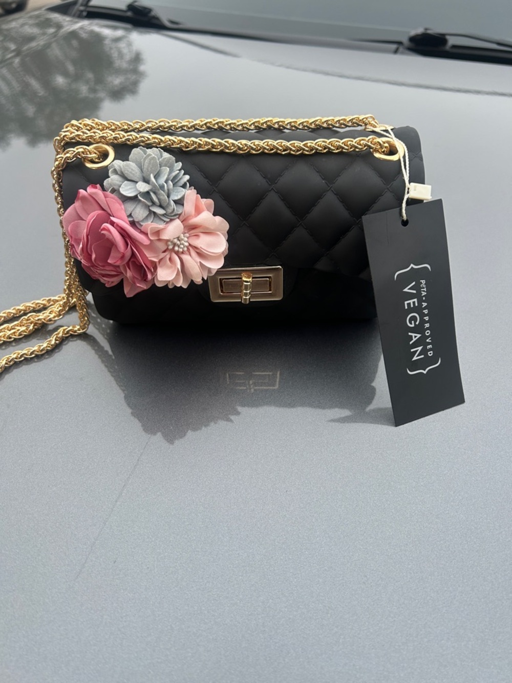 Vegan Quilted Black Crossbody Bag with Pink & Gray Floral Accents
